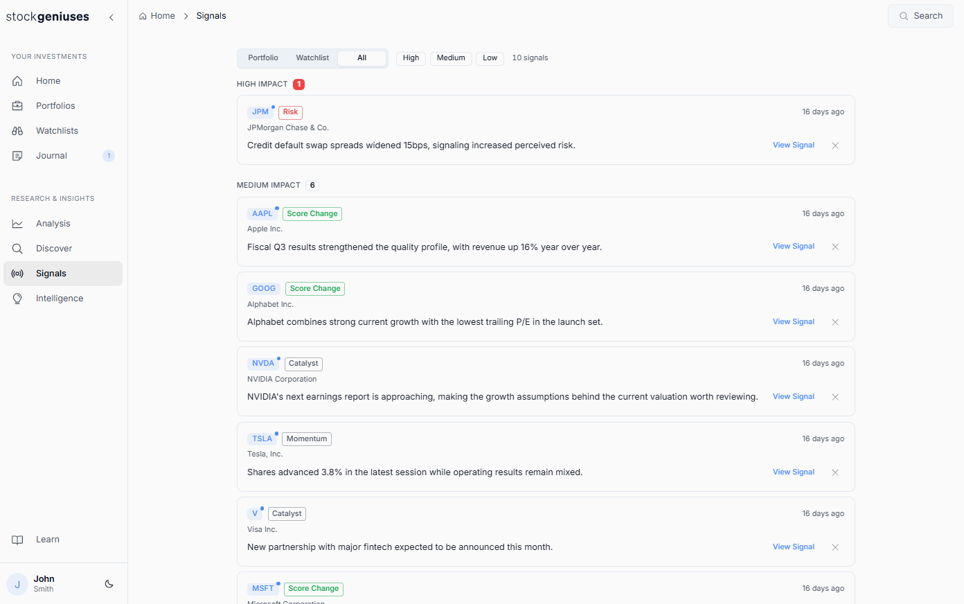 StockGeniuses signals feature screen